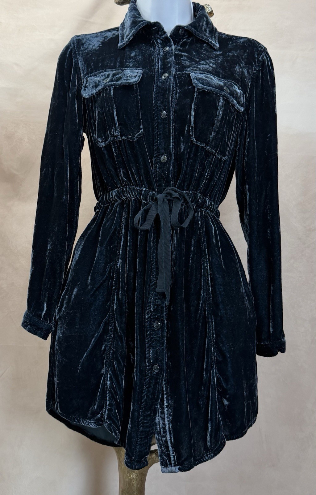Coldwater Creek Blue Silk Blend Velvet Button Up Drawstring Dress Size XS (4)