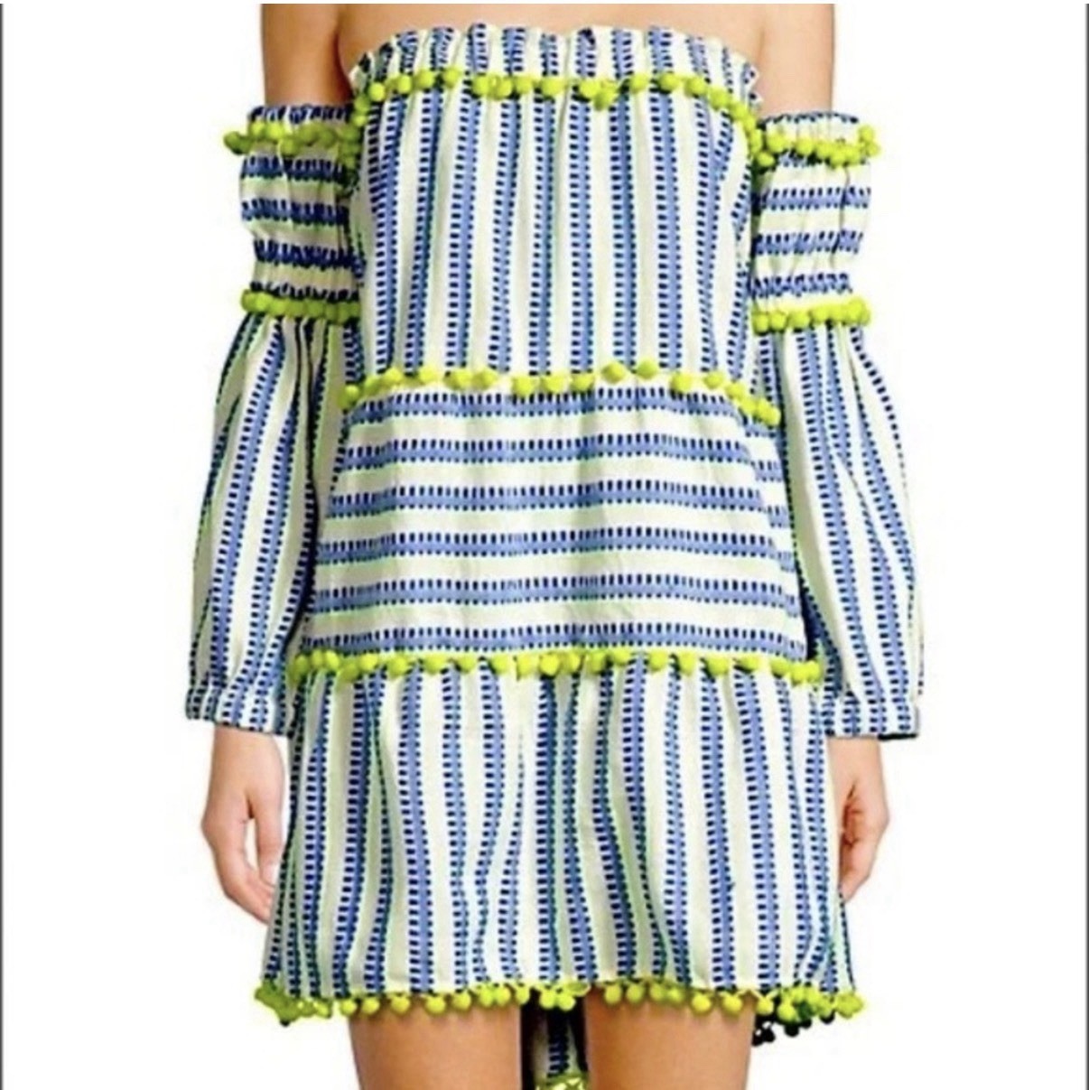Anthropologie White Blue Green Striped Off Shoulder Pom-Pom Cotton Mini Dress S