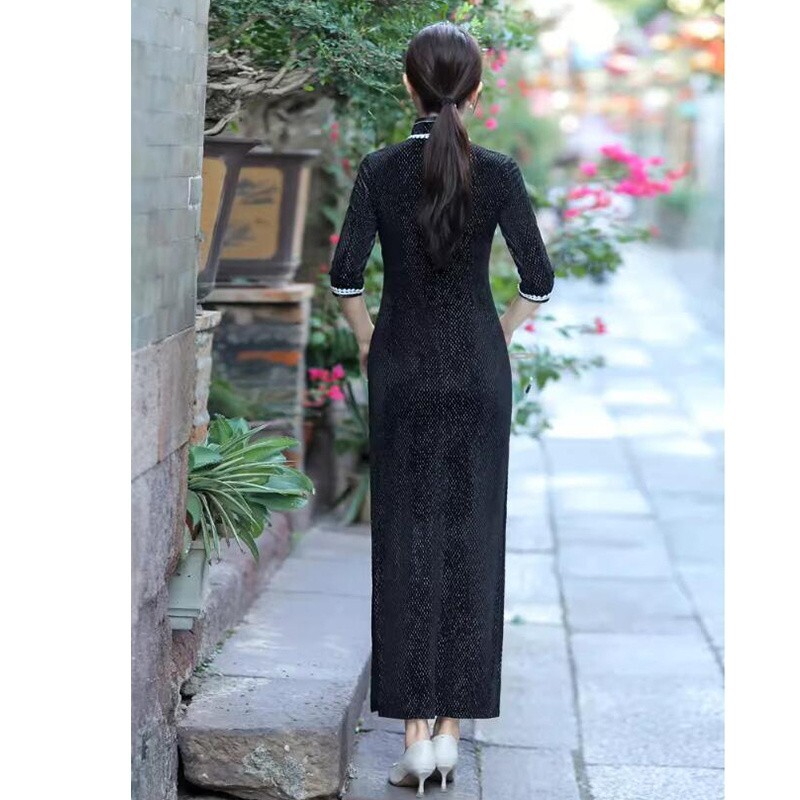 Young Lady Improved Cheongsam Split Shining Dress Long Velvet Qipao ChineseStyle