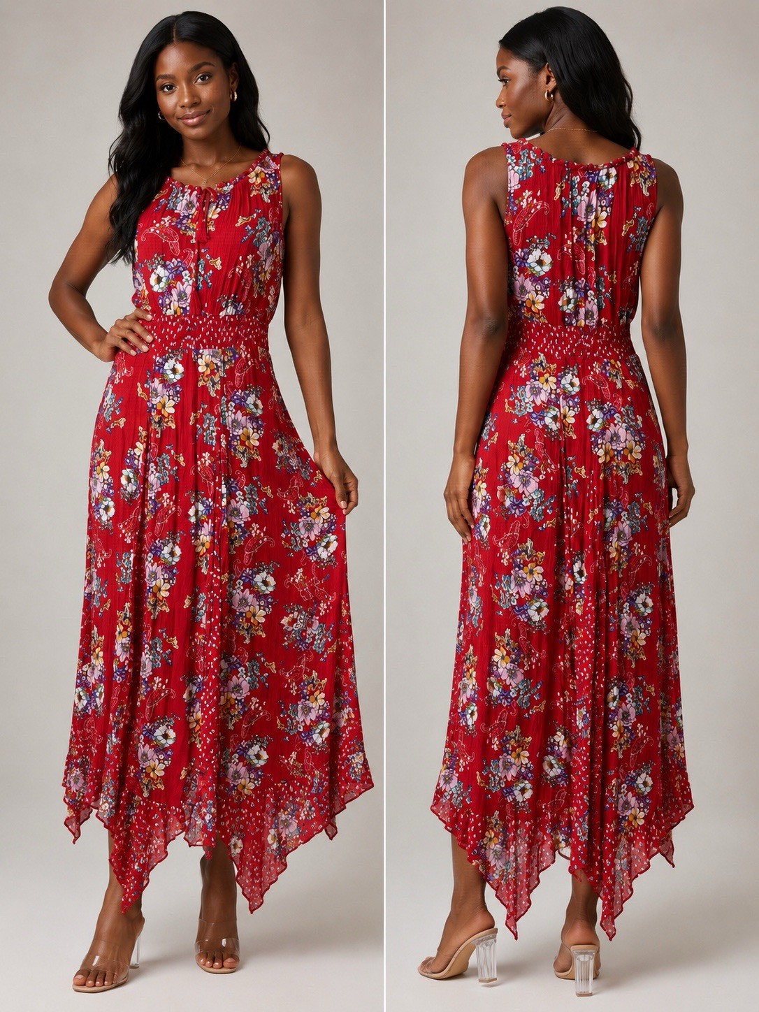 Bila Red Floral Smocked Waist Maxi Dress Sleeveless Woven Rayon Size L
