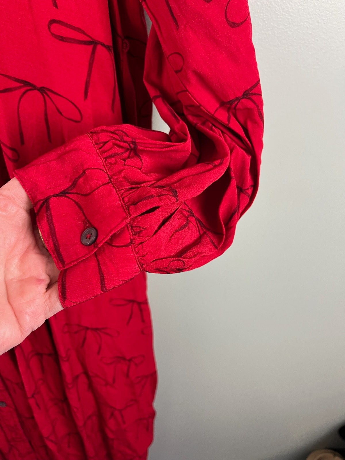 J.Crew Drapey Pleated Bow Print Red Shirtdress Womans Size 18 Cute Preppy
