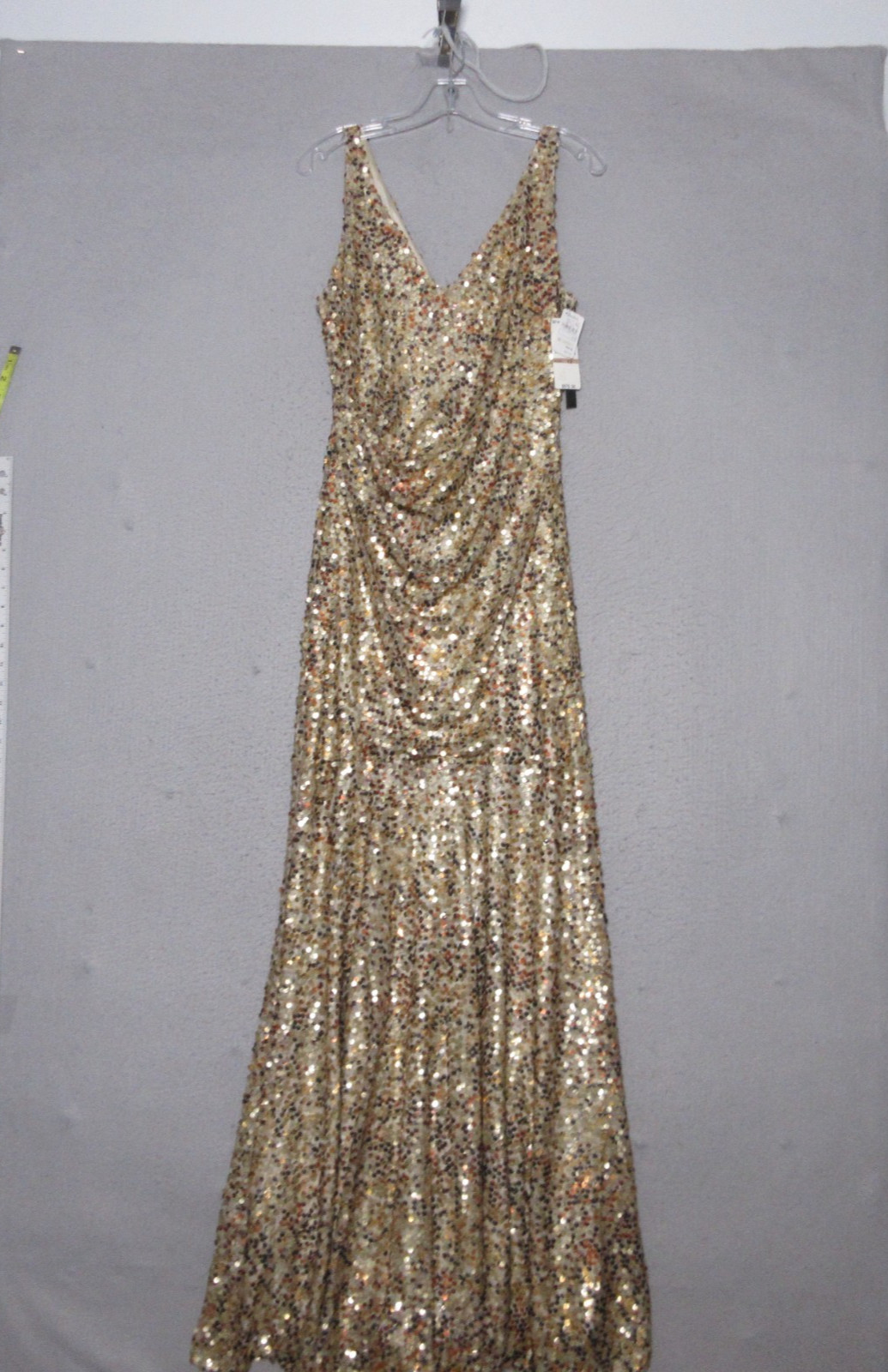 David Meister Dress 12 Sequin Gold Maxi Statement Party Cocktail Ruche USA NWT