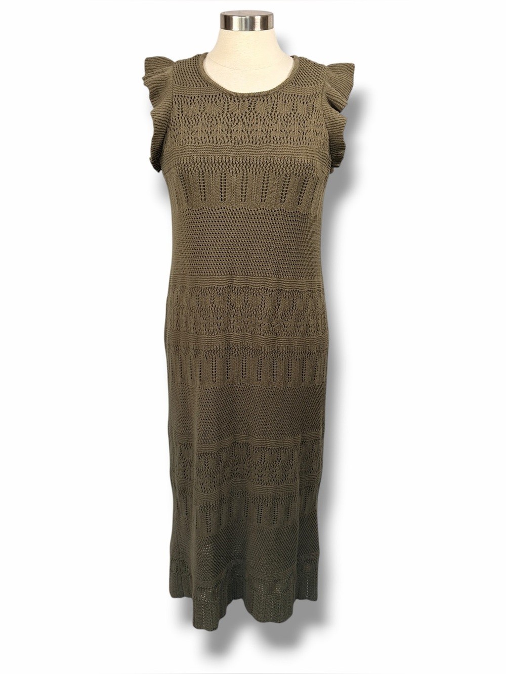 LIZ CLAIBORNE Sleeveless Ruffle-Shoulder Crochet Knit Midi Dress, Medium