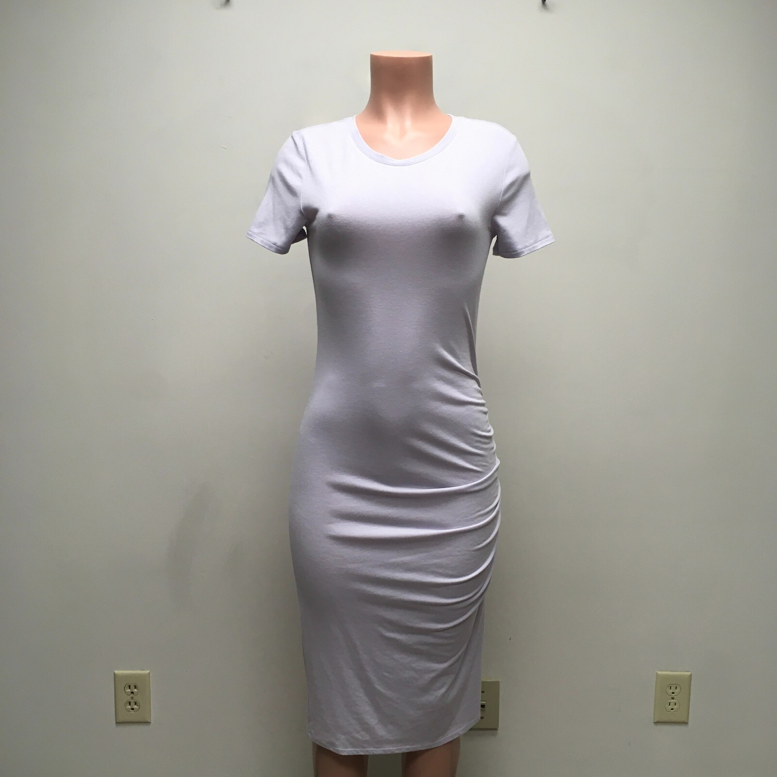Treasure Bond Womens White Short Sleeve Ruched Stretch Knit Sheath Shirt Dress S