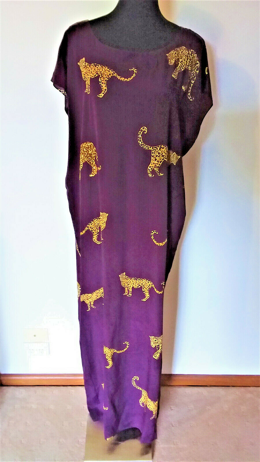 HEAVILY EMBELLISHED DESIGNER LONG ROUND NECK SILK CREPE KAFTAN ANIMAL PATTERN