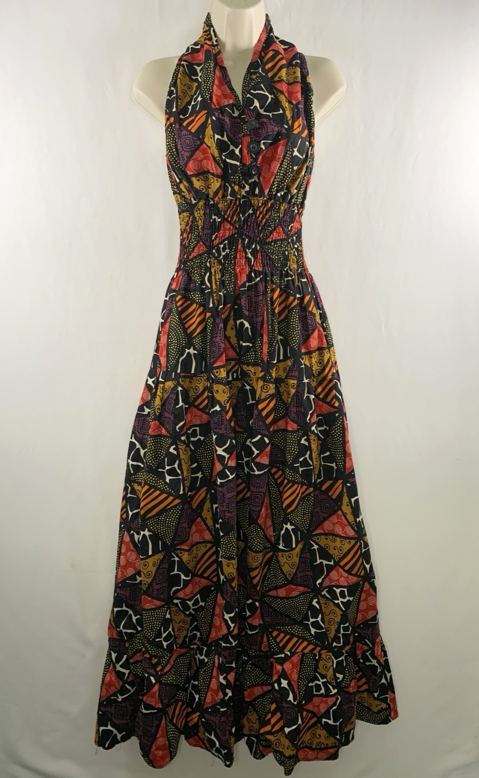 Batik Patchwork Halter Statement Maxi Dress OS Maximalist Resort Artsy Eclectic