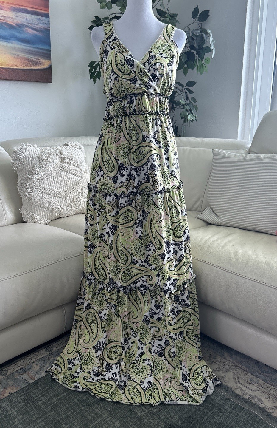 new directions woman dress green black paisley maxi v-neck sleeveless 2x
