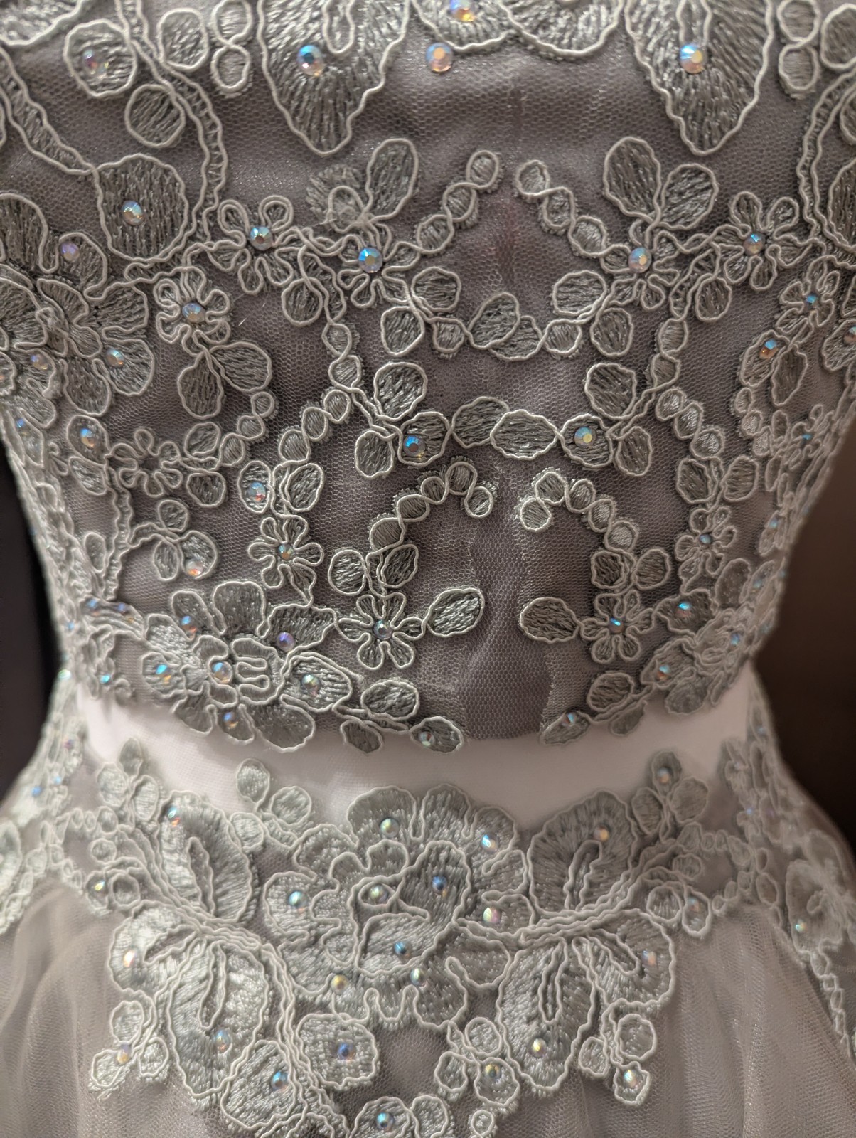 May Queen Size 12 Gray Beaded Embroidered Tulle V-Neck A-Line Knee Dress