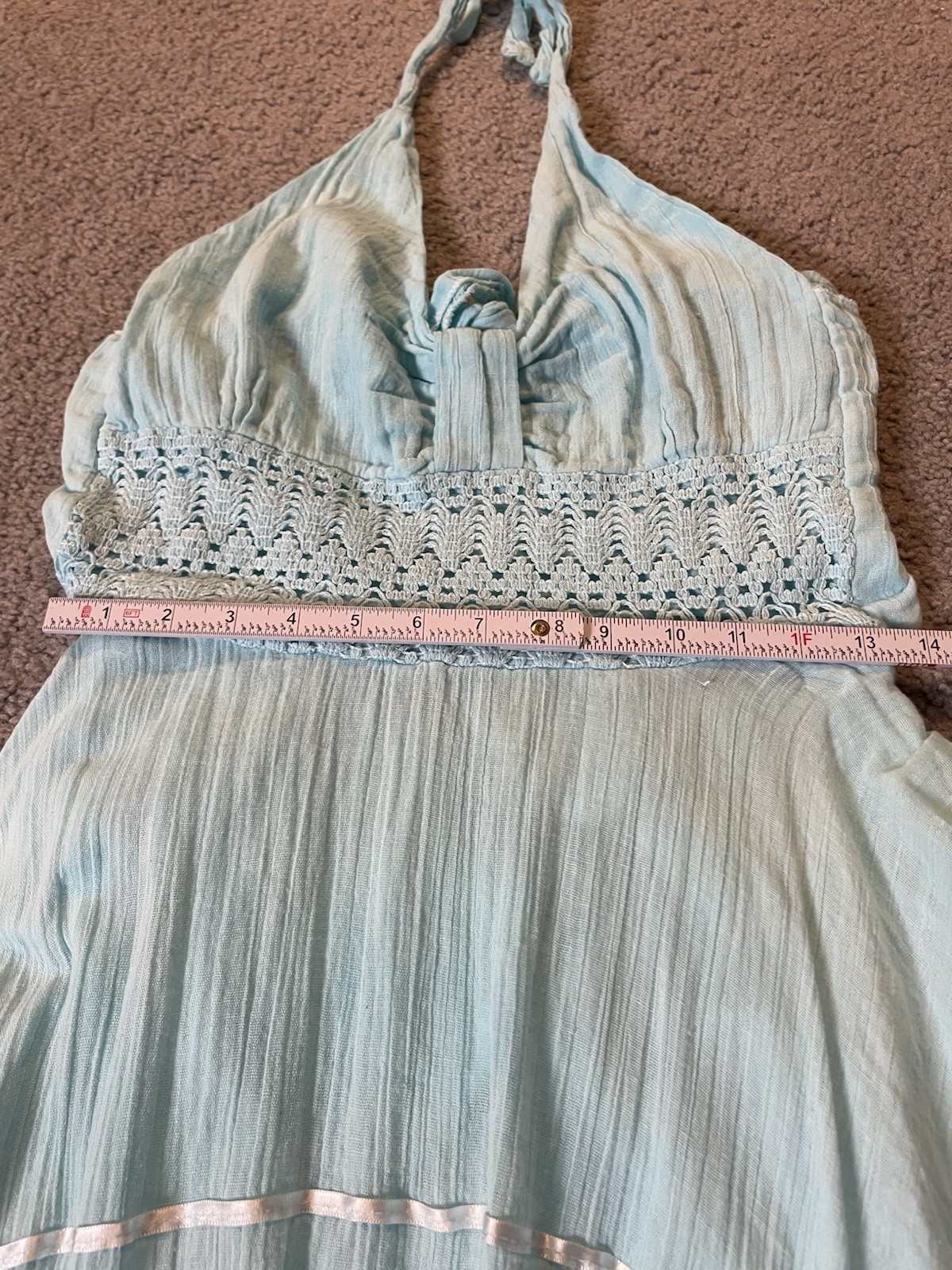 Halter Neck Handkerchief Hem Dress Sz M Lace Trim Blue Crinkled Rayon Lagenlook