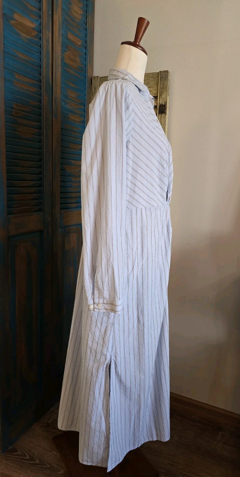 Rails Irie Hampton Stripe Twist Front Midi LS Shirt Dress Women L Blue Coastal