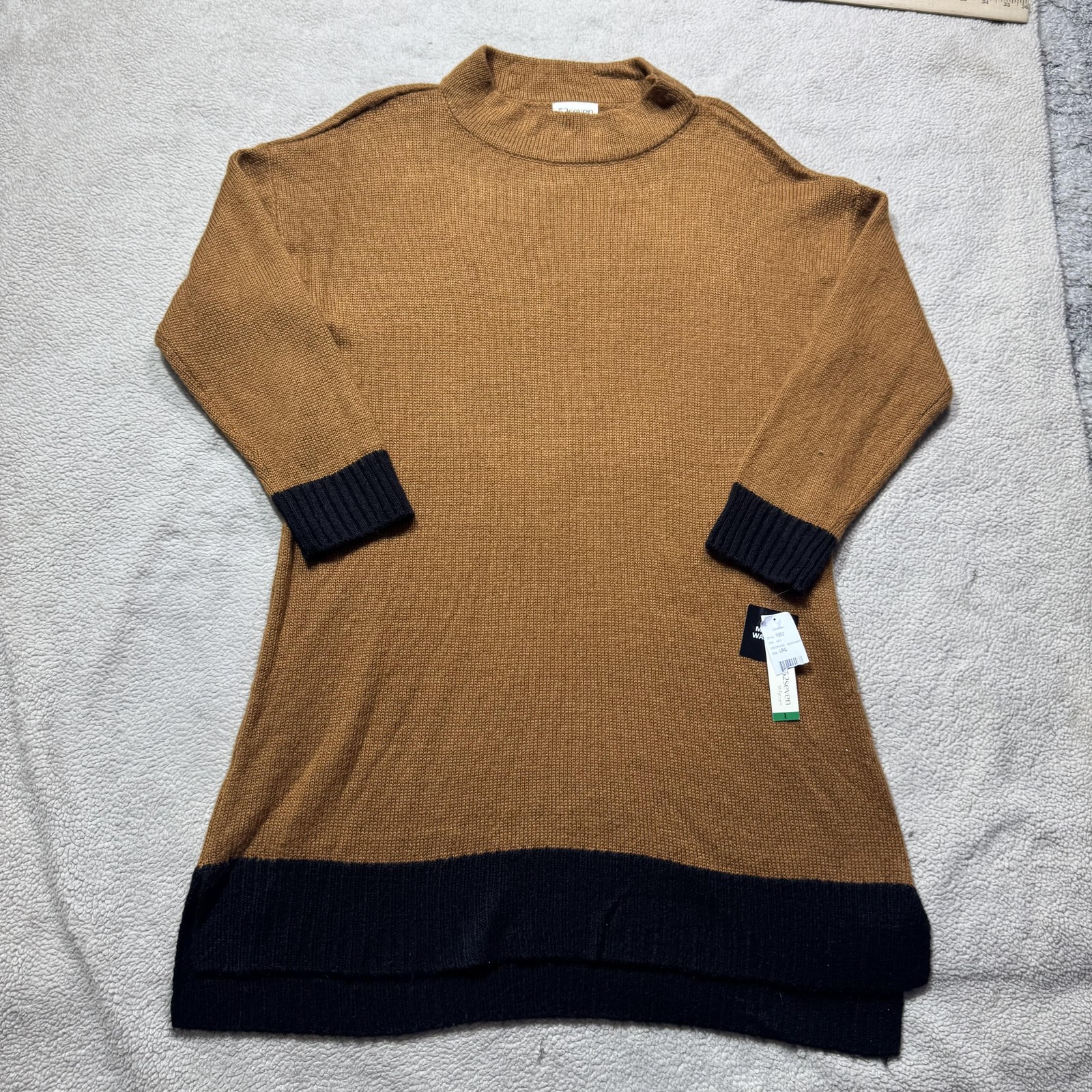 52seven Sweater Womens Large Mustard Black Mock Neck Tunic Pullover Colorblock