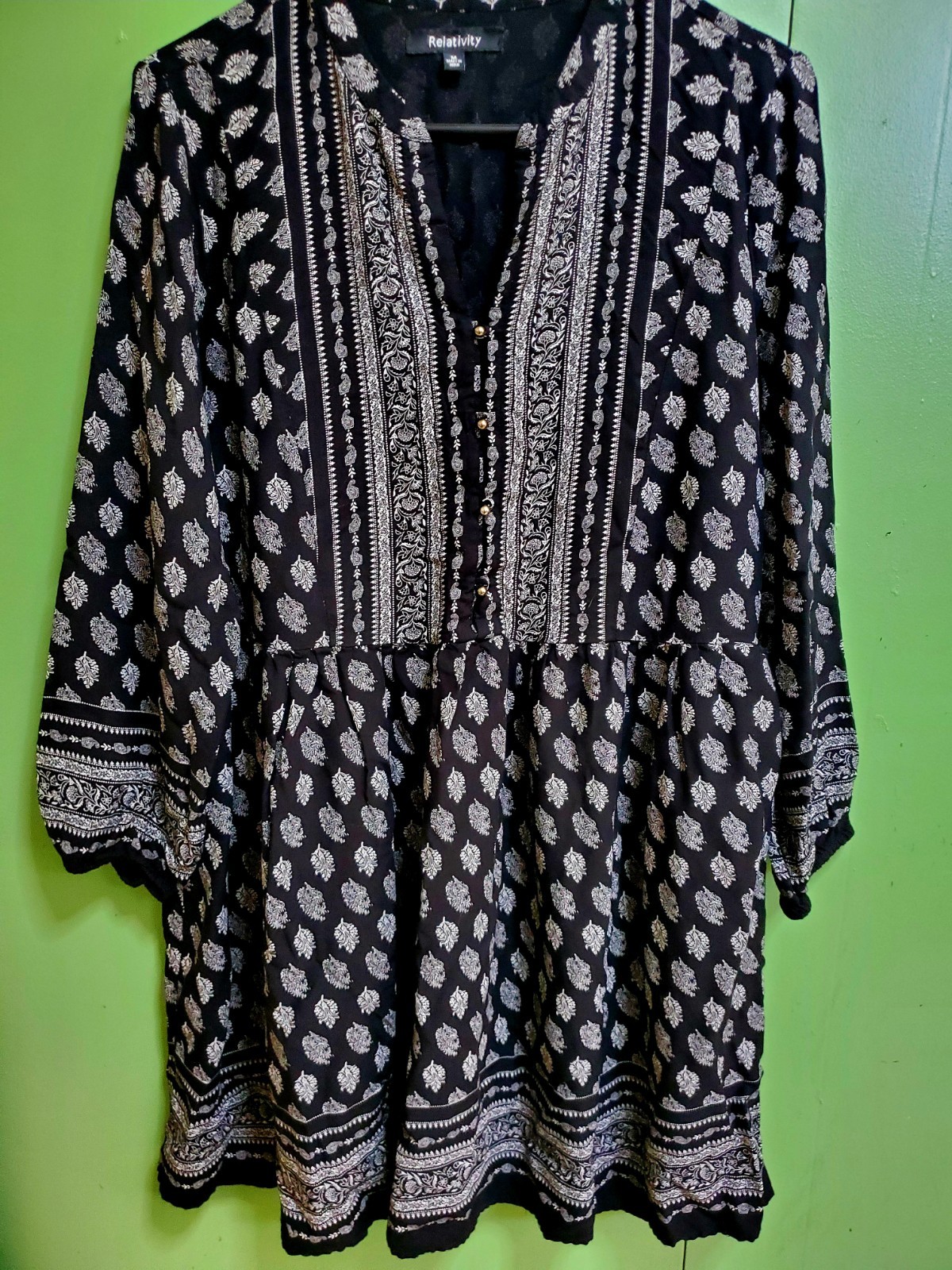 Realtivity Black & White Printed Peasent Dress Size M