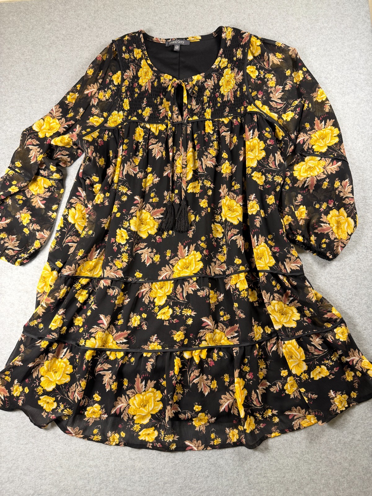 Laurel Grey Dress L Black Floral Dark Romantic Whimsigoth Chiffon Smocked SKU284