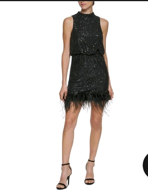 Eliza J Sequined Feather Ostrich Hem Mini Dress Party Glam Cocktail Size 6