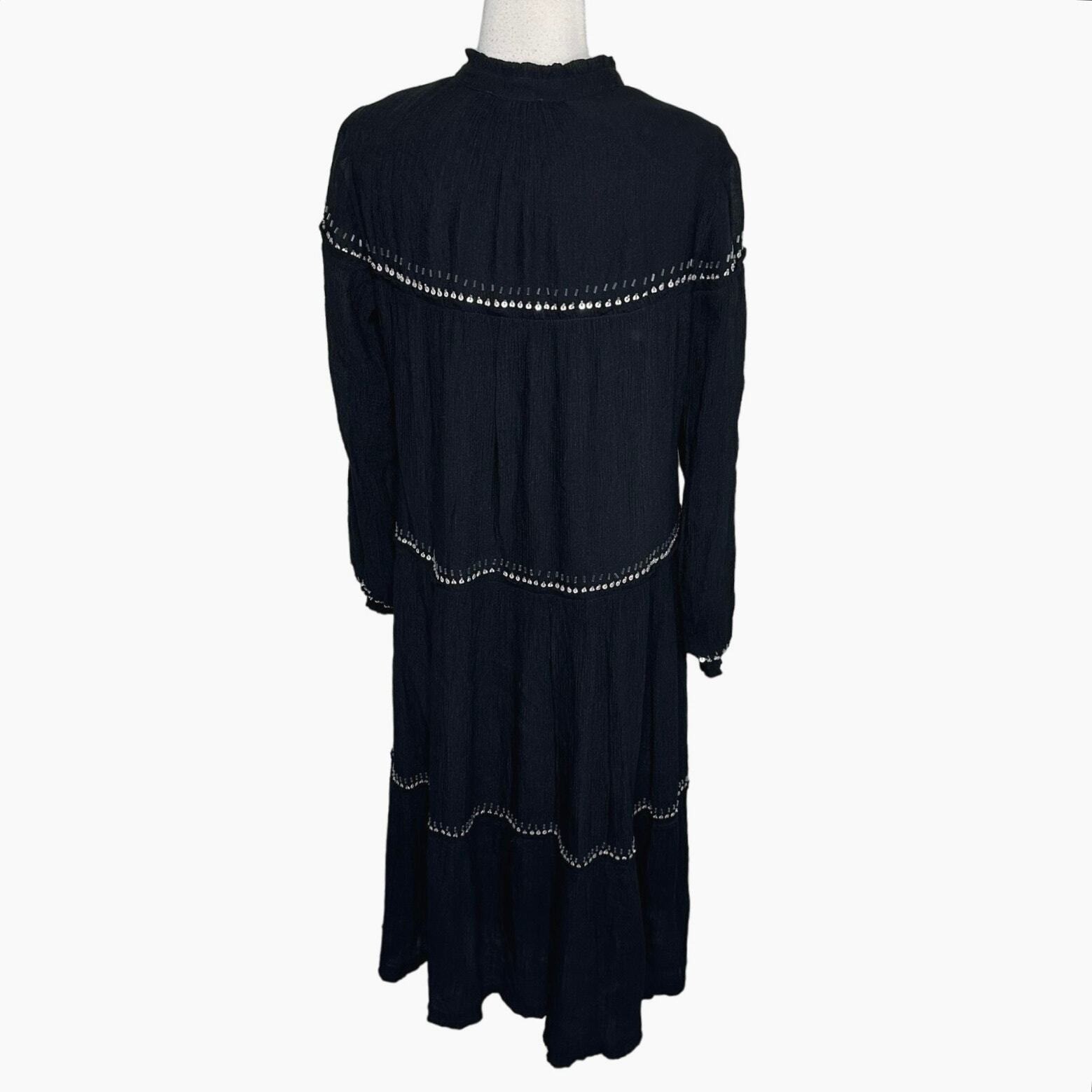 Harper Midi Dress S Black Beaded Tiered Ruffle Mock Neck Long Sleeve Boho