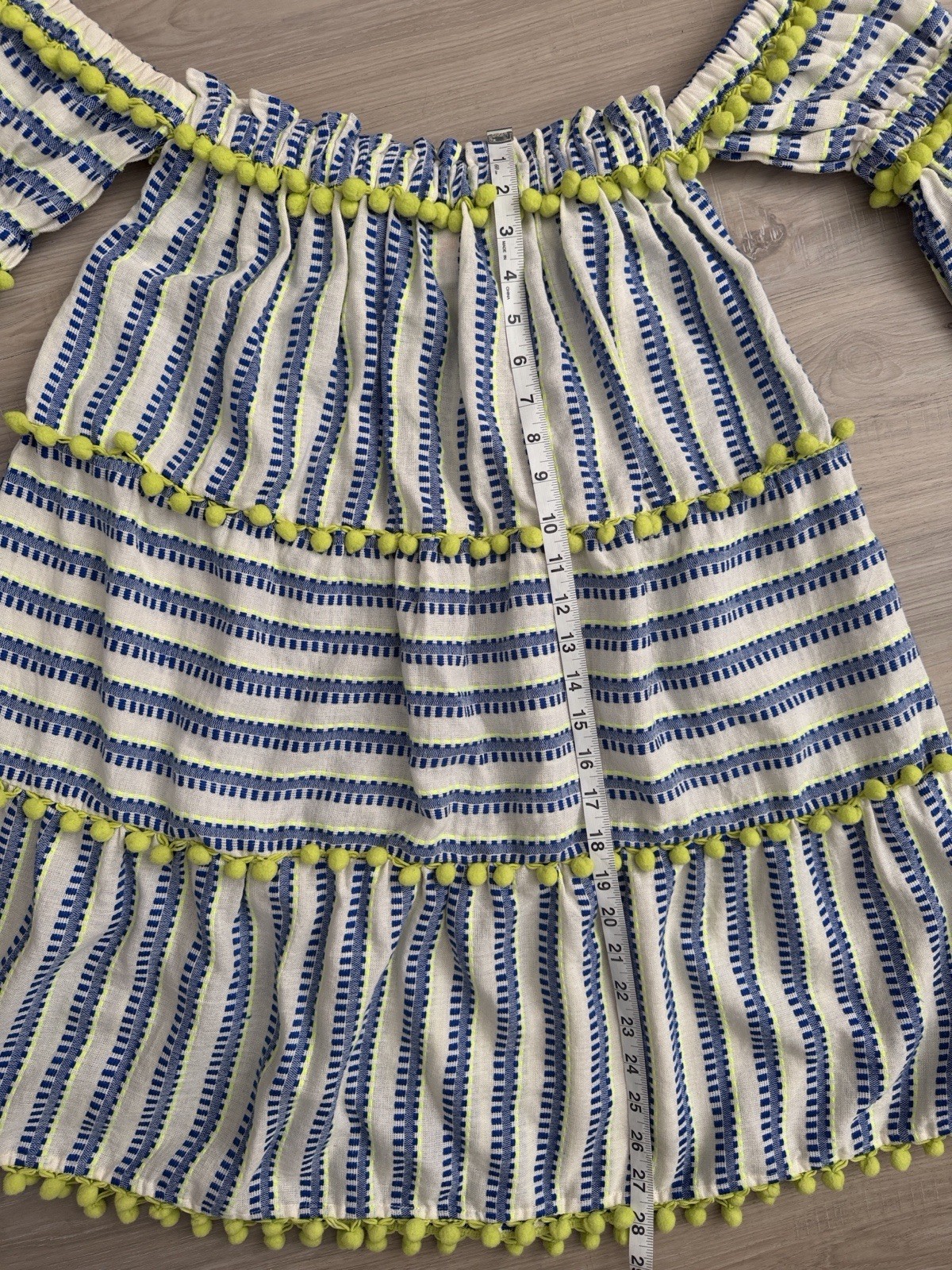 Anthropologie White Blue Green Striped Off Shoulder Pom-Pom Cotton Mini Dress S