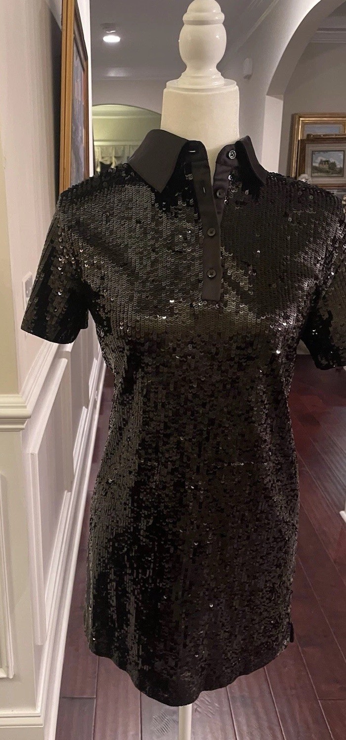 Alice + Olivia Treva Black Sequined Polo Mini Dress Sz S NWT $595