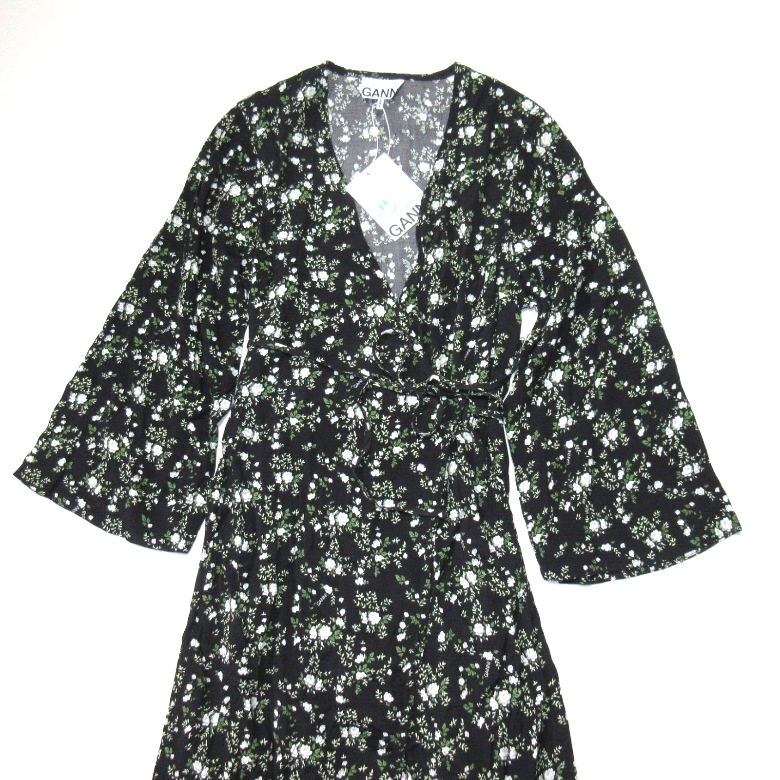 NWT GANNI Floral Printed Crepe Wrap Midi in Phantom Black Dress 34 US 2 $285