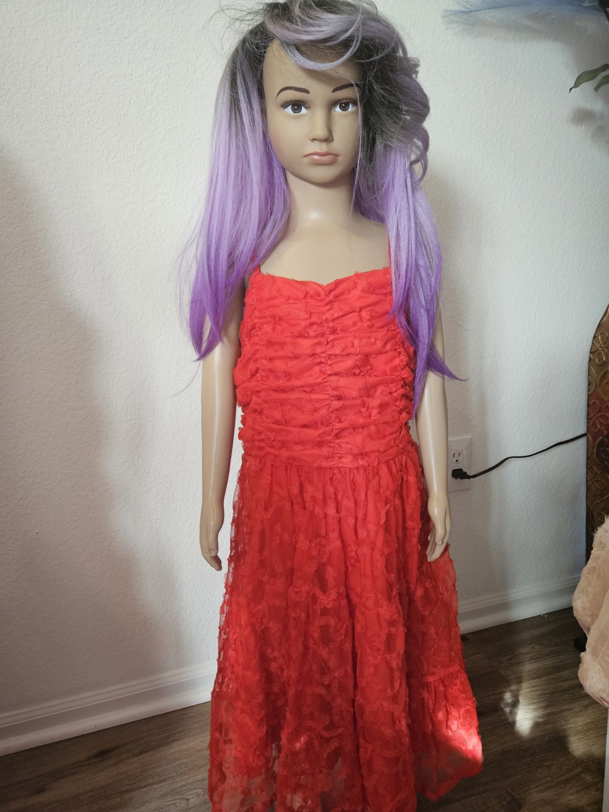 kensie Girl Red Lace Ruffle A-Line Dress Sleeveless Long Straight Neck Size 8