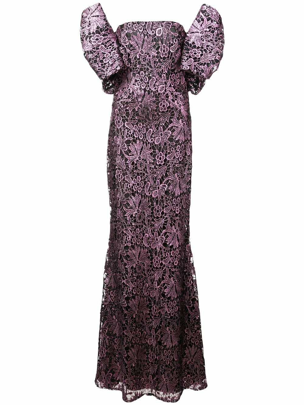 ZAC POSEN Pink Metallic Embroidered Guipure Lace Off Shoulder Bow Maxi Gown 6 S