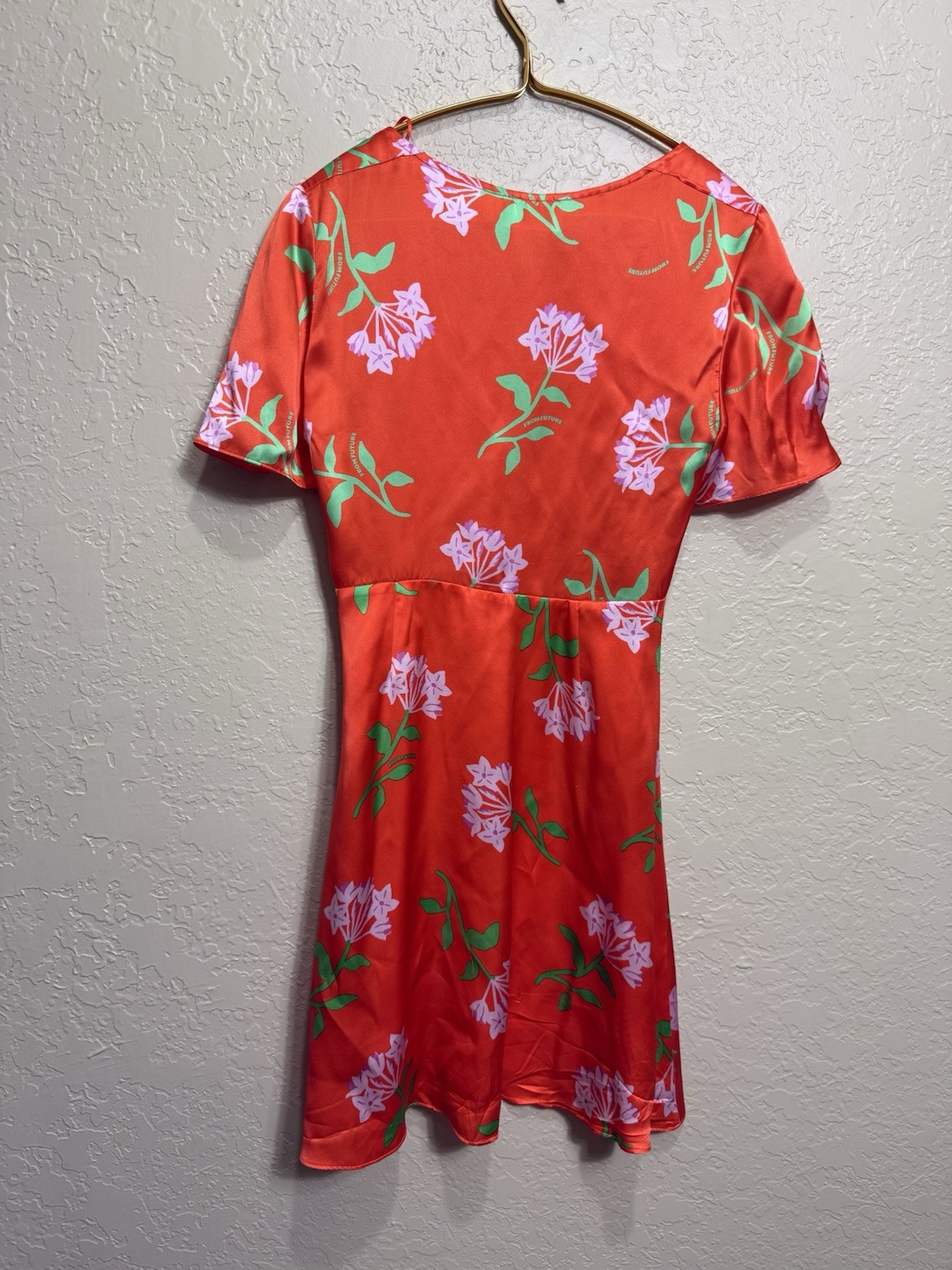 From Future Mini V Neck Flutter Sleeve Floral Print Dress Orange Silk US Size XS