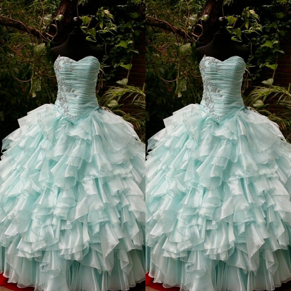 Mint Green Quinceanera Dresses Strapless Beading Sweet 16 Ruffles Ball Gowns