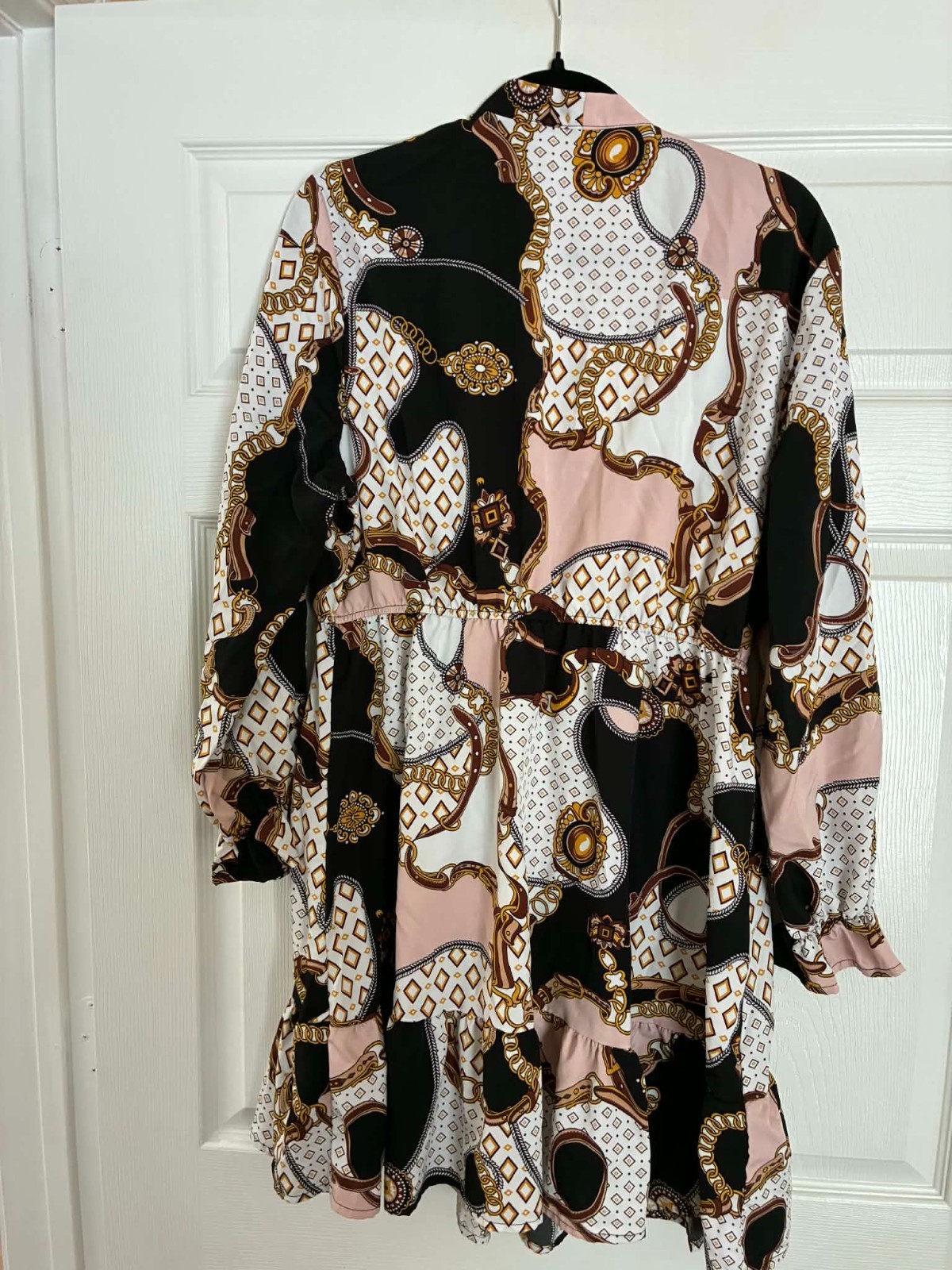 Womens 1XL Pink Black Gold Chain Print Boho Dress Ruffle Belted Tunic