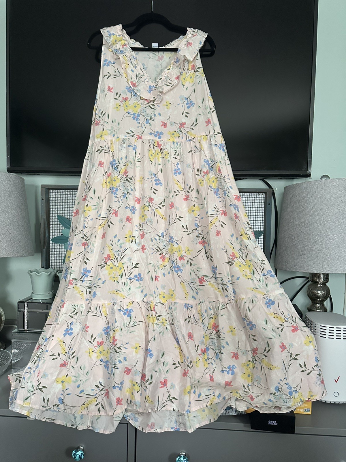 Old Navy XL Peach Floral Midi Dress Sleeveless Ruffle V-Neck A-Line