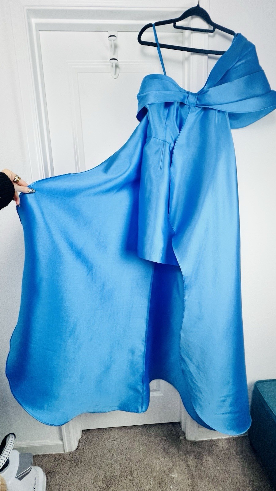 Hutch One Shoulder Bow Train Mini Dress 8 Medium Light Blue Satin High Low