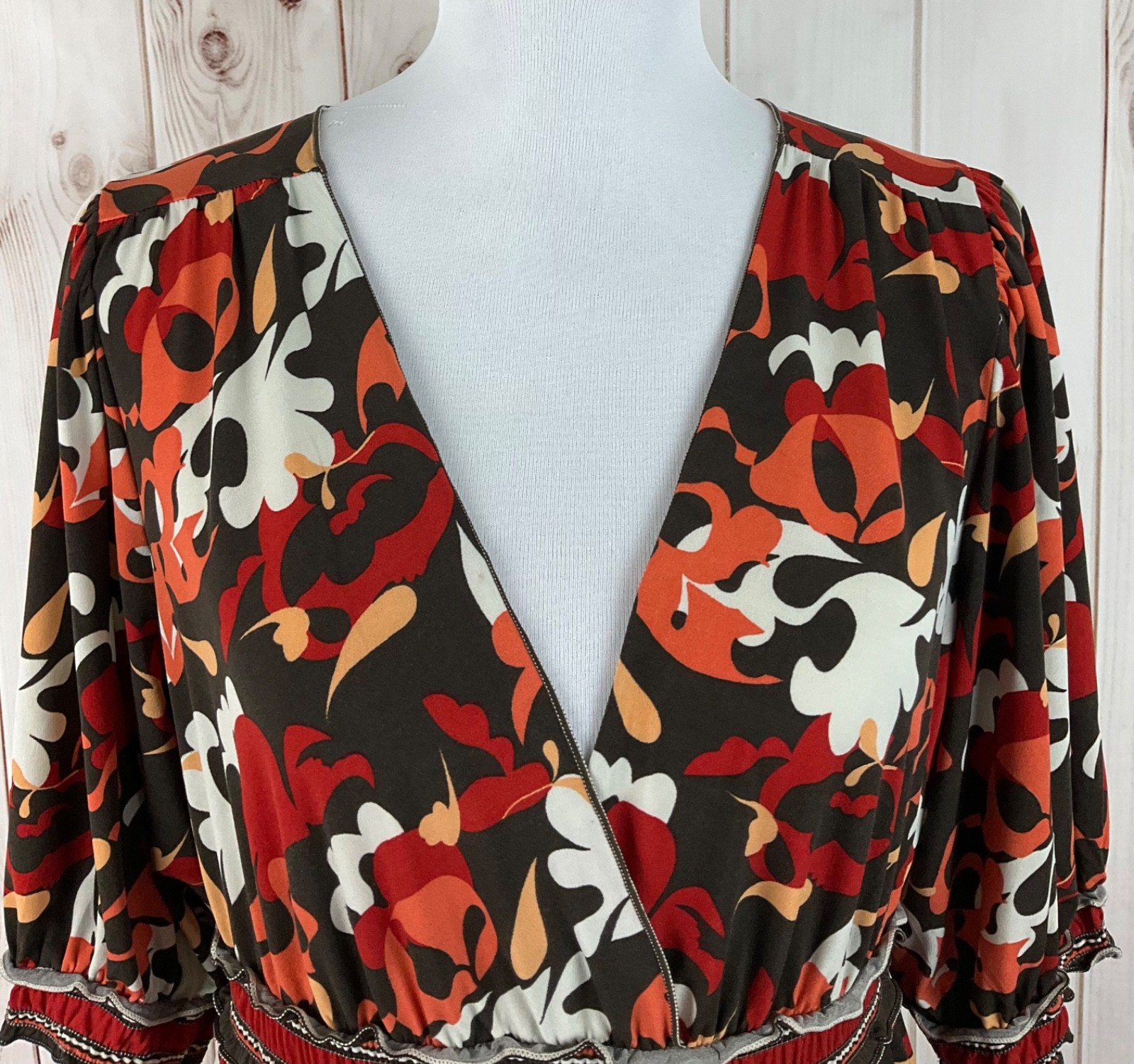Max Edition Multicolor V-Neck Faux Wrap 3/4 Sleeve Ruffle Midi Dress Size XL
