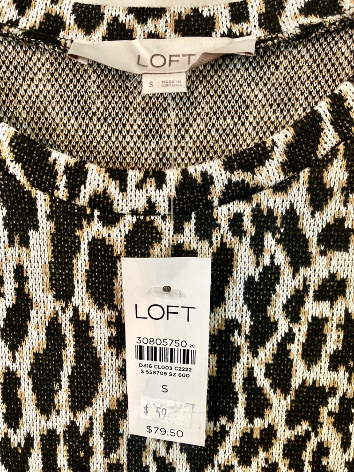 WOMENS LOFT BLACK BROWN WHITE ANIMAL PRINT LONG SLEEVE SWEATER DRESS SIZE S NWT!