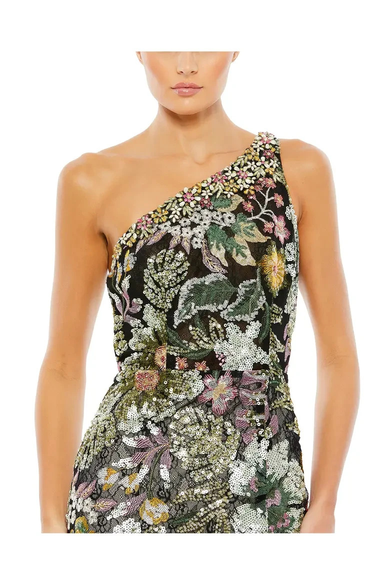 Mac Duggal Black Multi Embellished Floral One Shoulder Gown Size 8 $698
