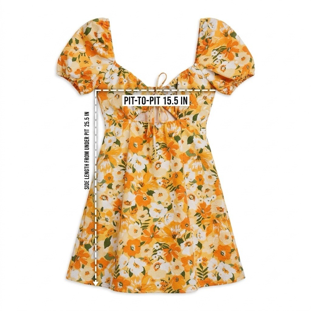 Divided Women’s Orange White Green Floral Square Neck Puff Sleeve Mini Dress S