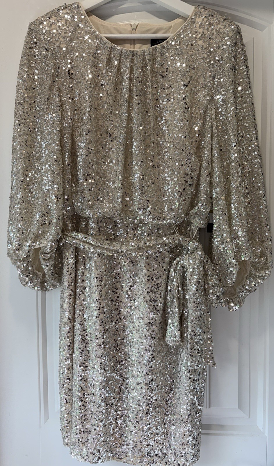 Jessica Howard Gold Sequin Sheath Dress Balloon Long Sleeve Round Neck 14P