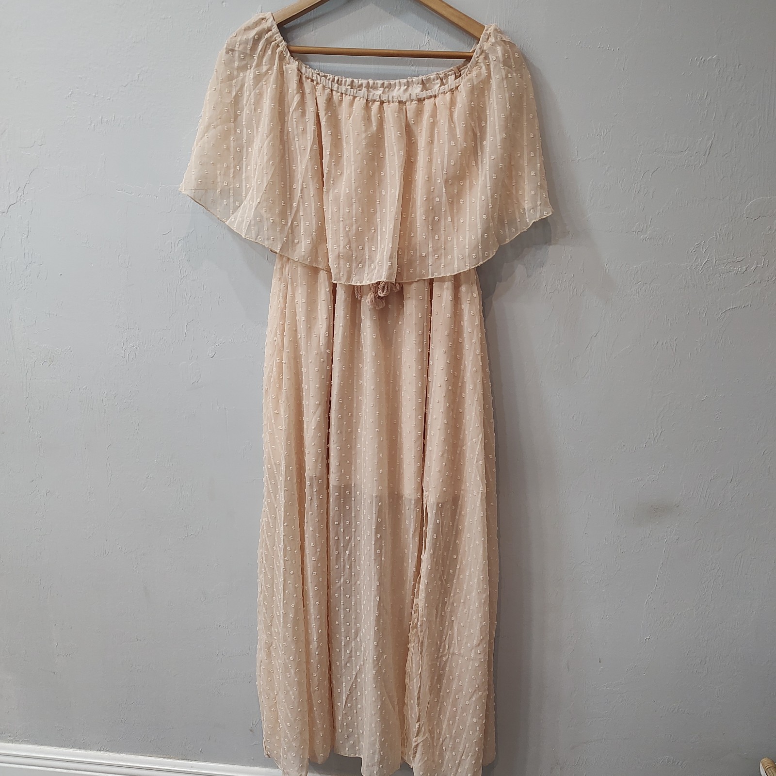 Off Shoulder Maxi Dress Sz Medium Lace Sheer Boho Victorian Romantic Layer Beige