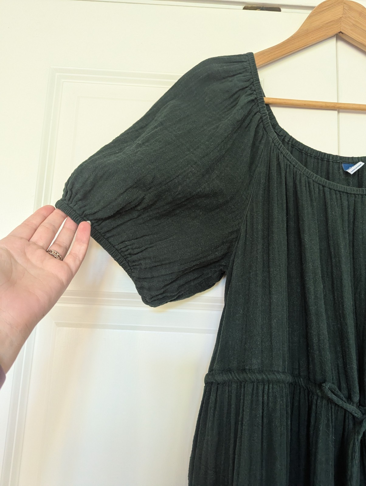 Old Navy Green Solid Cotton Puff Short Sleeve Tiered Midi Dress Pockets L