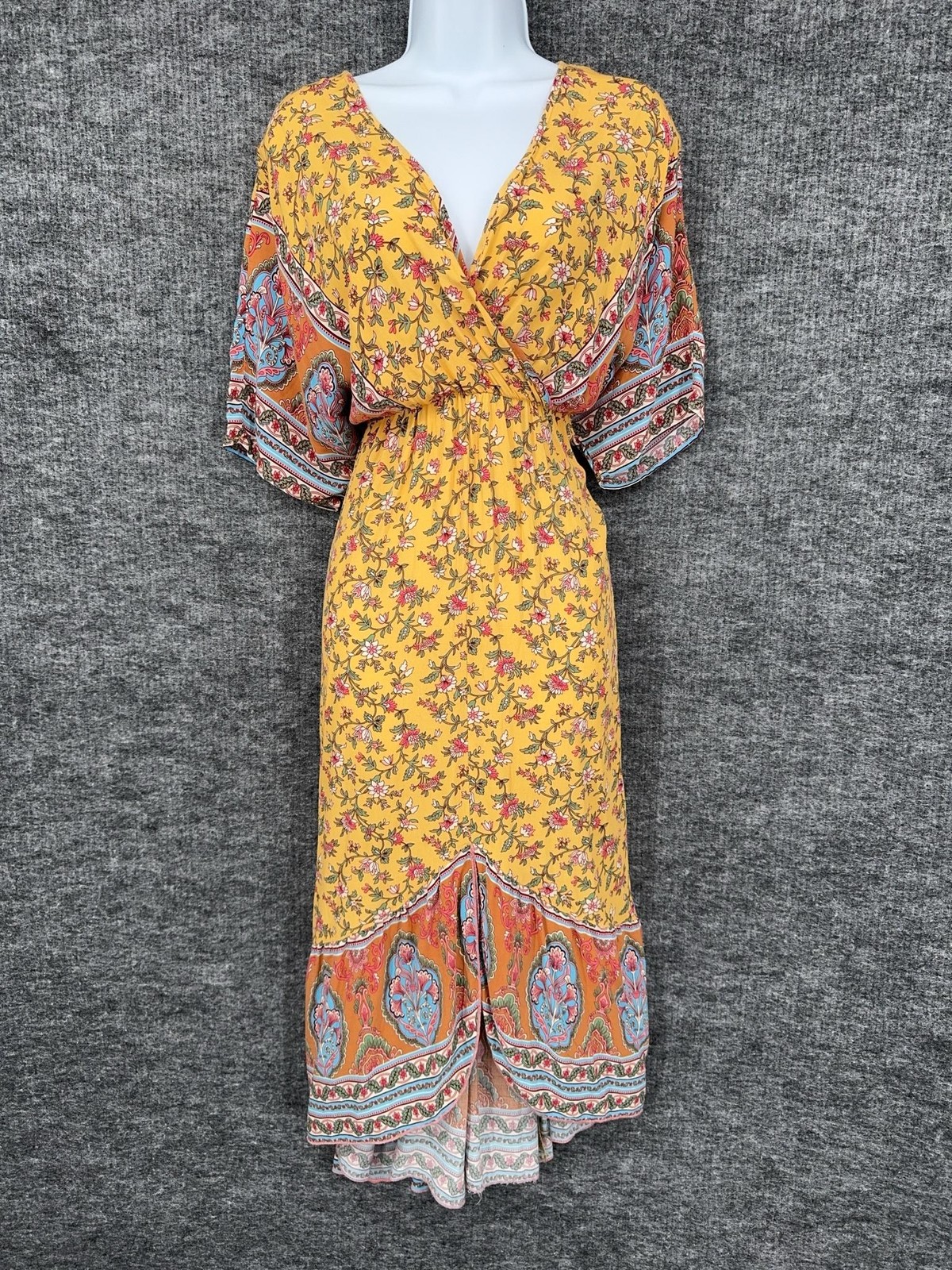ABYOXI Dress Womens S Yellow Floral V Neck Kimono Sleeve Maxi Boho Sundress