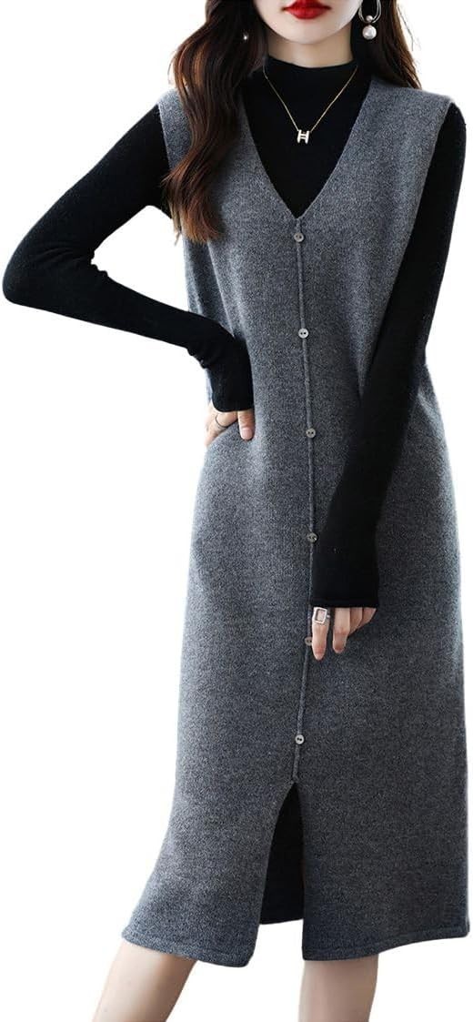 ChouYatou Women’s Sweater Vest Long Dress Elegant Knitted Sleeveless Jumper-M