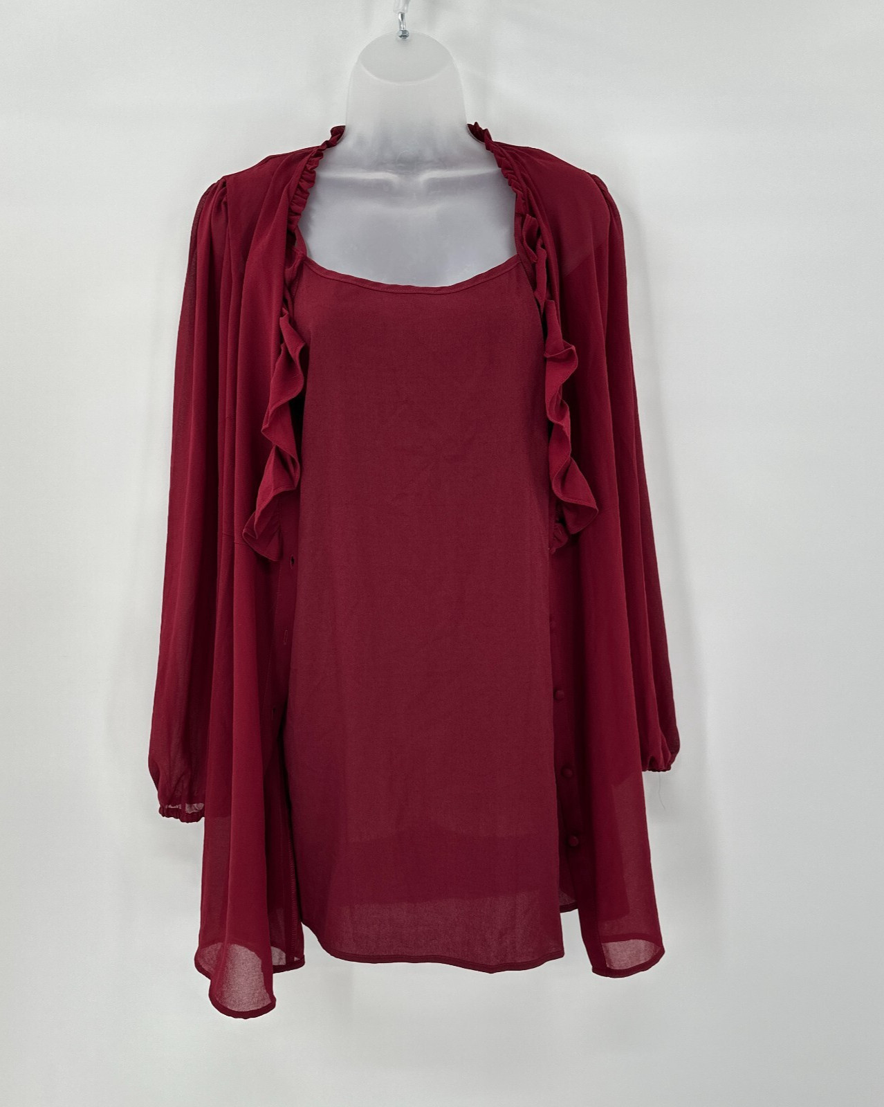 Forever 21 Burgundy Slip Dress with Sheer Jacket Small Ruffles Romantic Whimsy