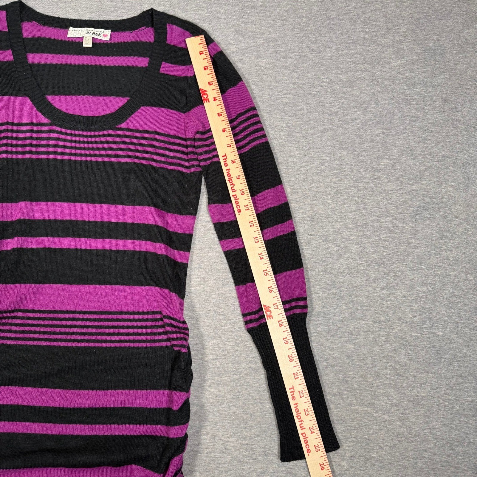 Derek Heart Im In Love Purple Black Striped Ruched Long Sleeve Sweater Dress L