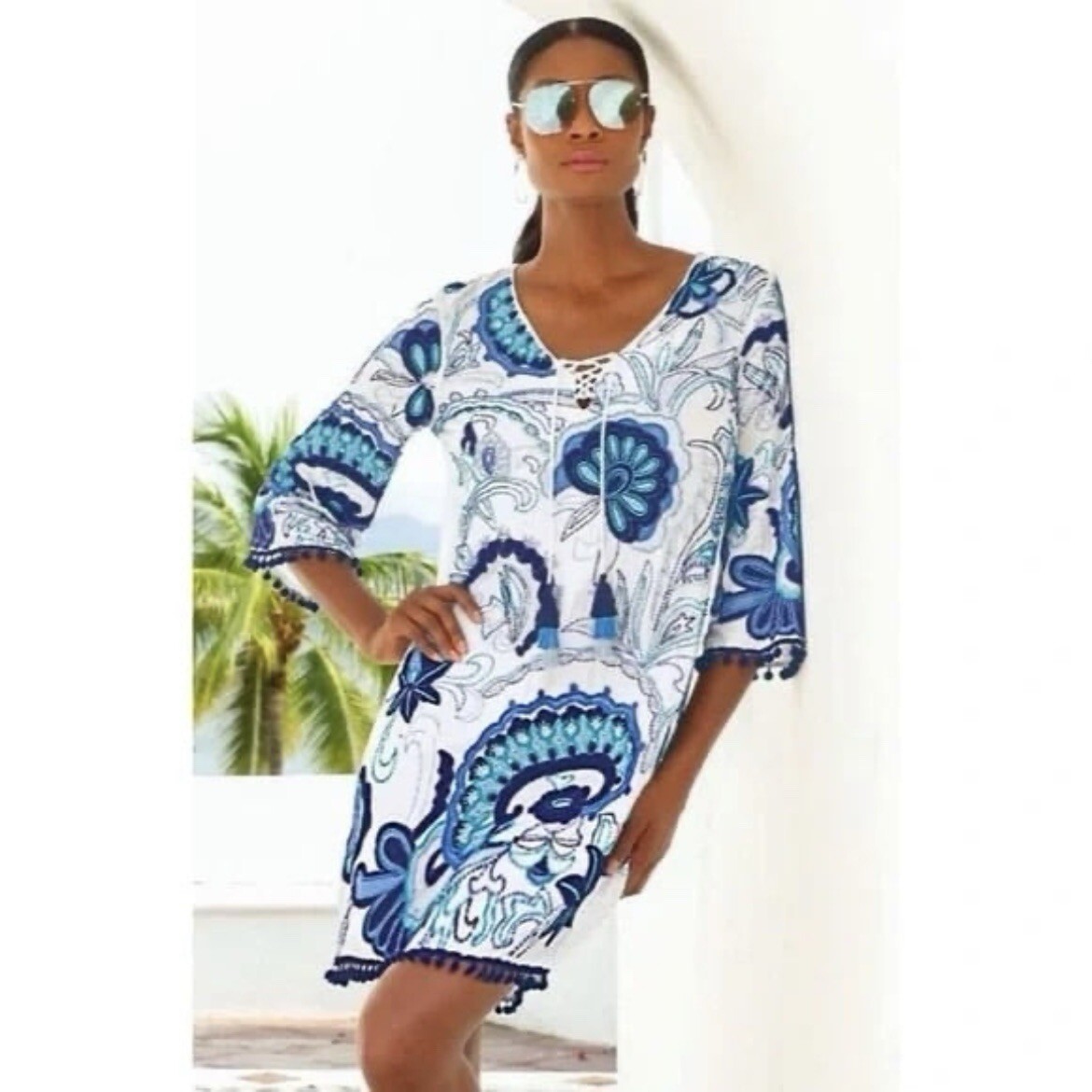Boston Proper Beaded Dress Swim Cover Fully Embellished Pom Pom Tassels XS Boho