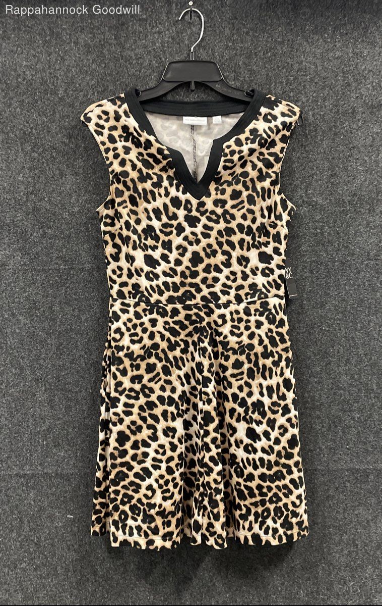 New York & Company Women’s Leopard Animal Print Notch Neck Cotton Dress Sz SP