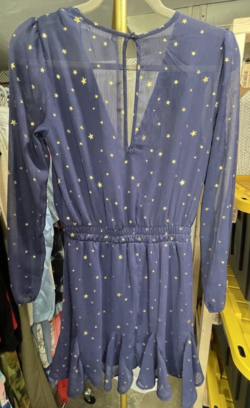 Mi Ami For Francesca Women’s Navy Metallic Gold Star Dress Size S Sheer Sleeves