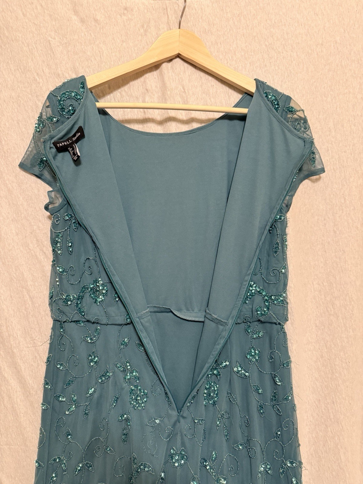 Adrianna Papell Blue Beaded Sequin Mesh Floral Scoop Neck Cap Sleeve Size 12