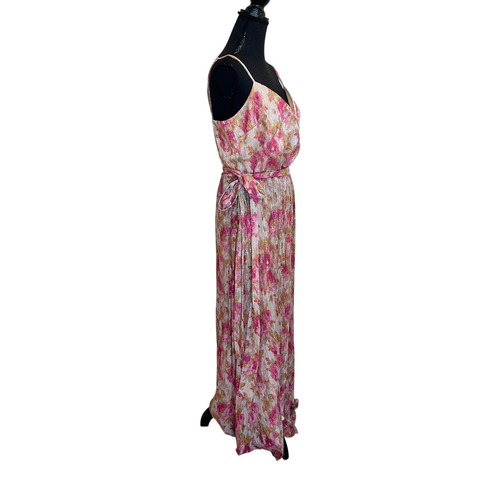 Dress the Population Floral Pleated Maxi Dress XS Metallic Plisse Slip Gown $268