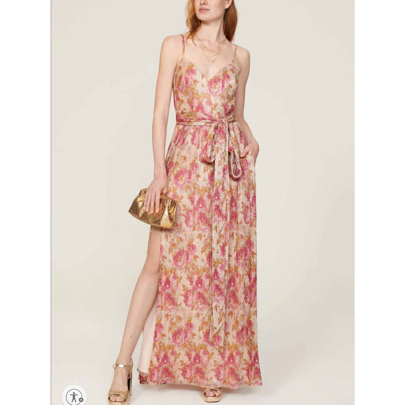 Dress the Population Floral Pleated Maxi Dress XS Metallic Plisse Slip Gown $268