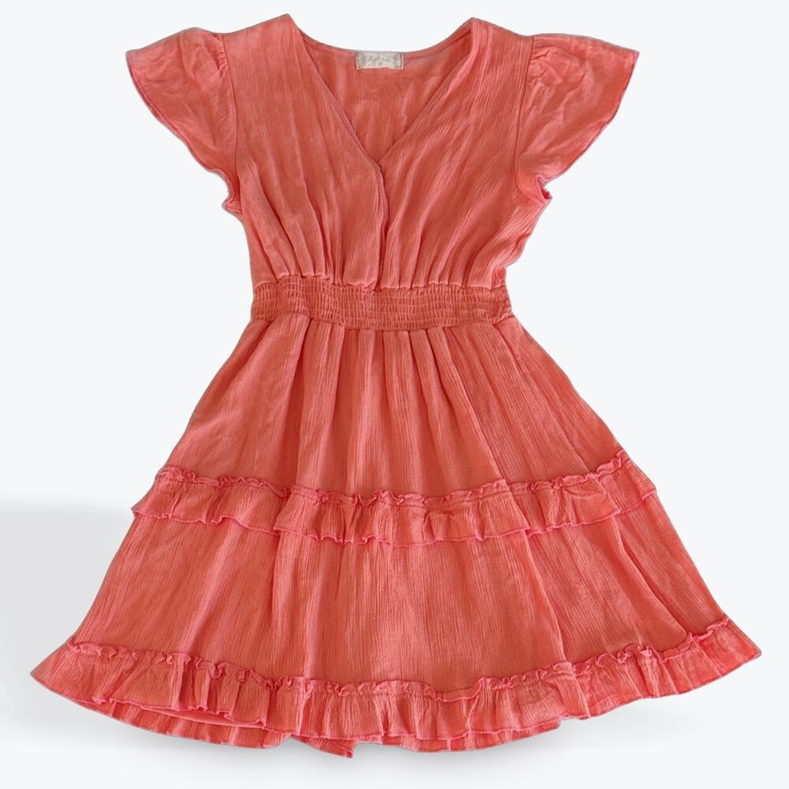 🌸Altar’d State Coral Tiered Mini Dress Ruffle Sleeve Boho Sundress Fit & Flare