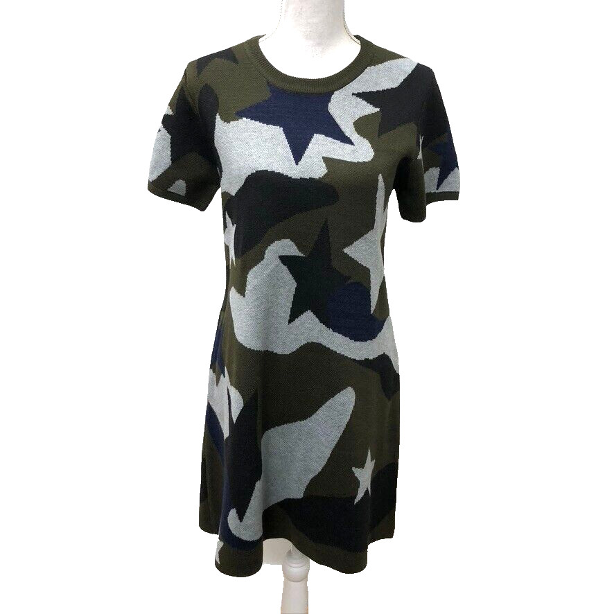 John And Jen Finley Sweater Dress Womens Large Green Army Camo Stars New