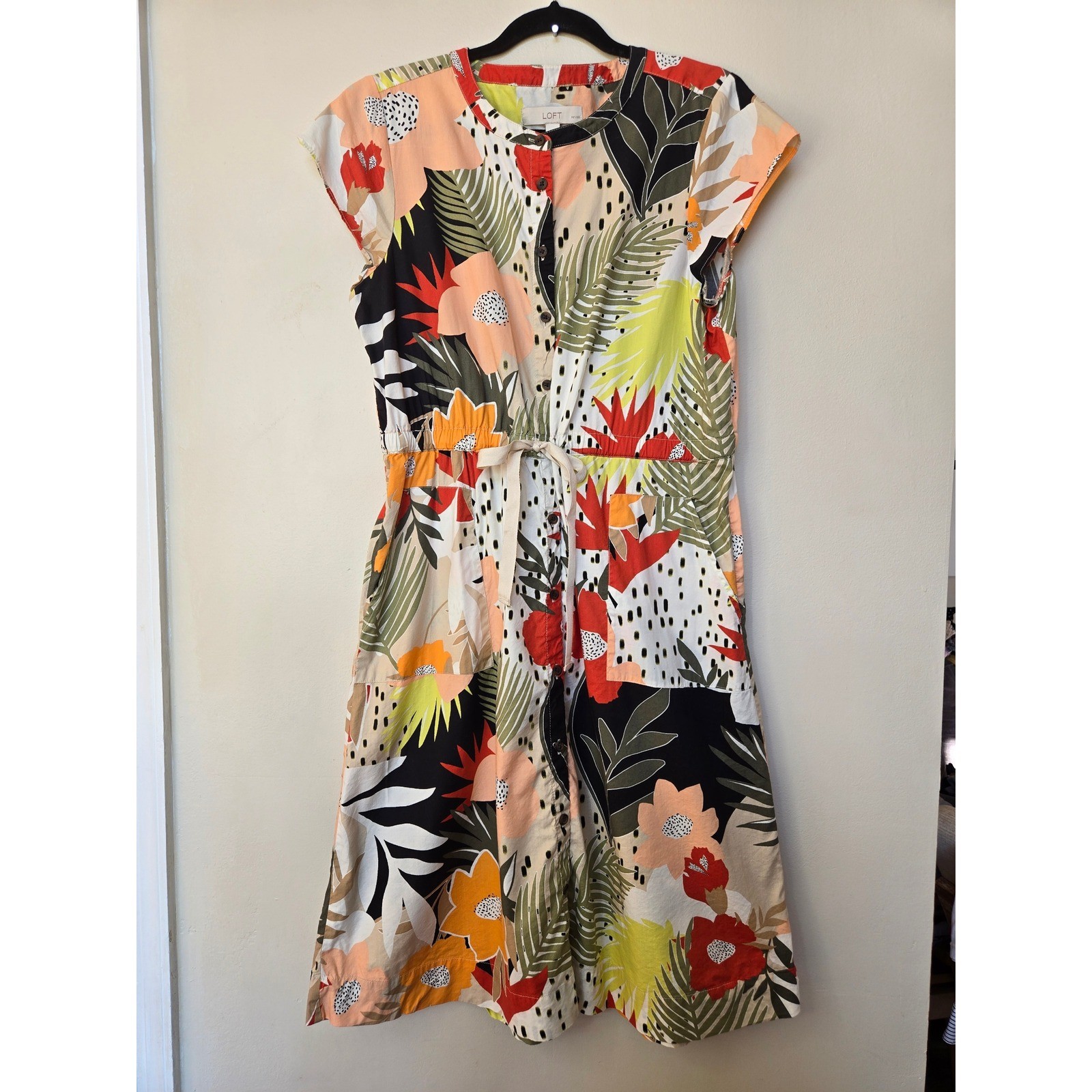 Loft Petites Tropical Floral Button Front Drawstring Waist Midi Dress 12P whimsy