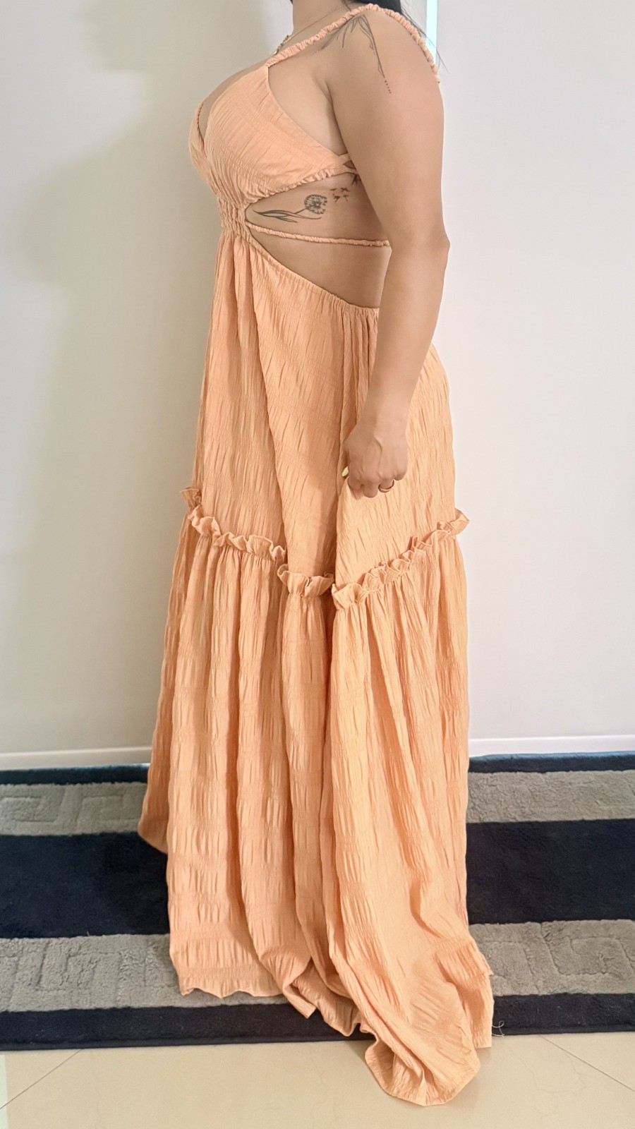 Mable Ari Cut Out Boho Seersucker Tiered Ruffle Smocked Textured Maxi Dress